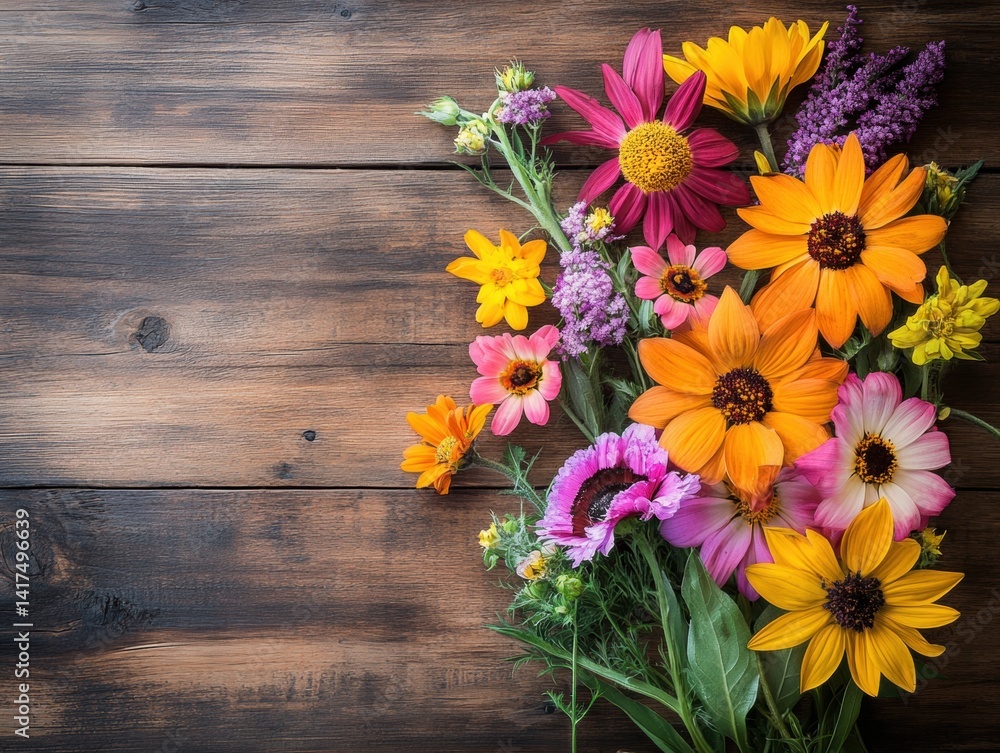 Fototapeta premium Colorful bouquet of wildflowers on rustic wooden surface
