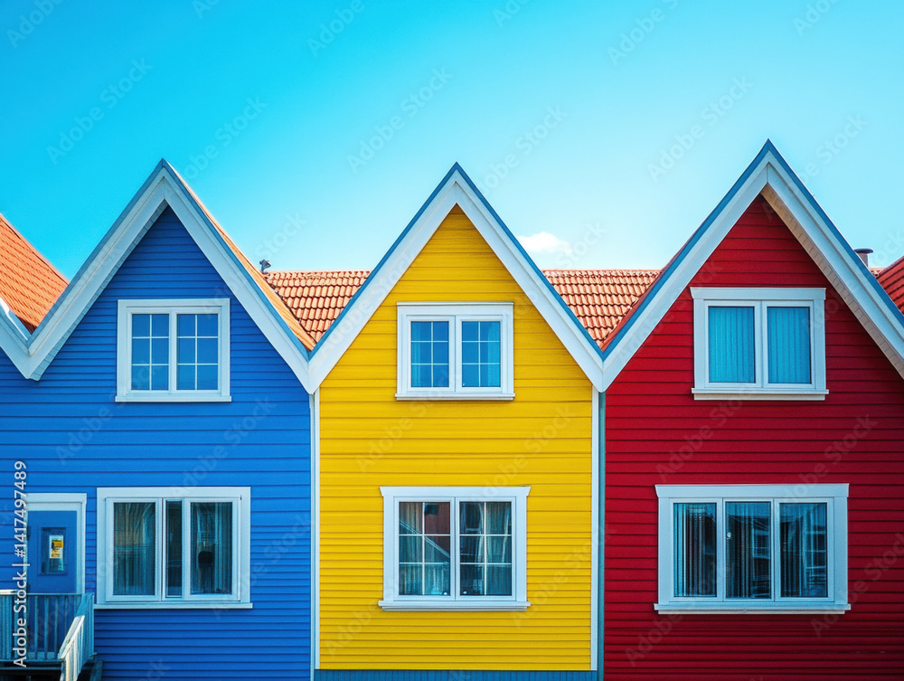 Colorful houses with triangular roofs under a clear blue sky Colorful houses with triangular roofs under a clear blue sky