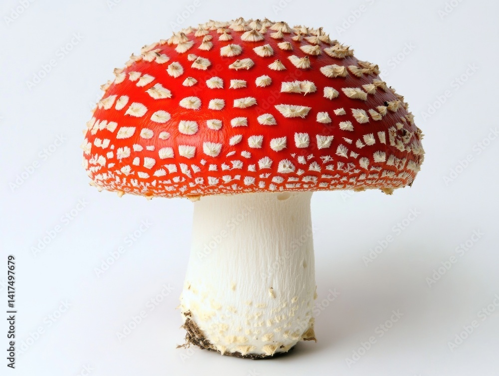 Bright red mushroom with white spots stands out on plain background Bright red mushroom with white spots stands out on plain background