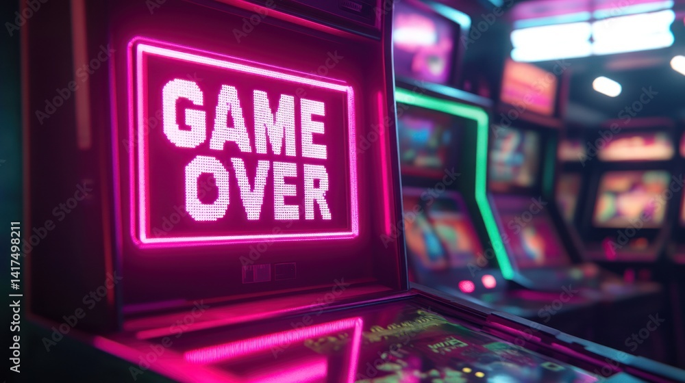 Neon Arcade Scene with Game Over Screen and Machines Neon Arcade Scene with Game Over Screen and Machines
