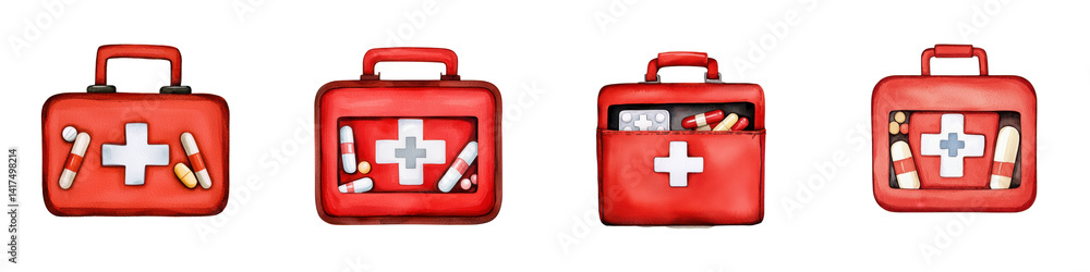Fototapeta premium Colorful First Aid Kits with Red Cross Symbols and Medical Supplies