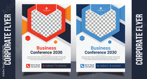 Editable corporate conference flyer template layout with red blue color for company agency business
