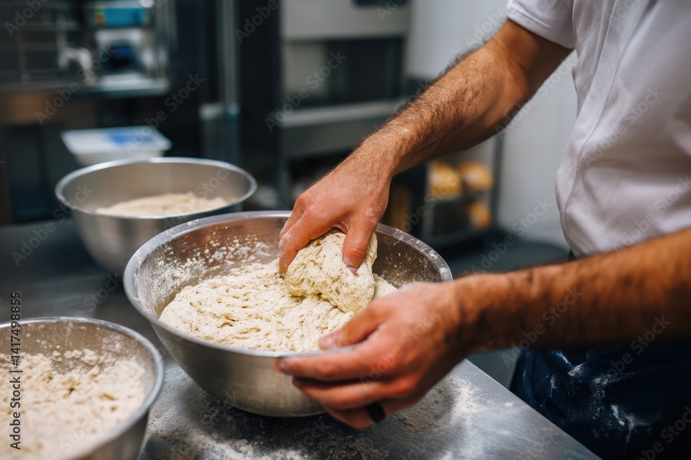 Fototapeta premium Hands Mixing Dough in a Commercial Kitchen with Stainless Steel Bowls