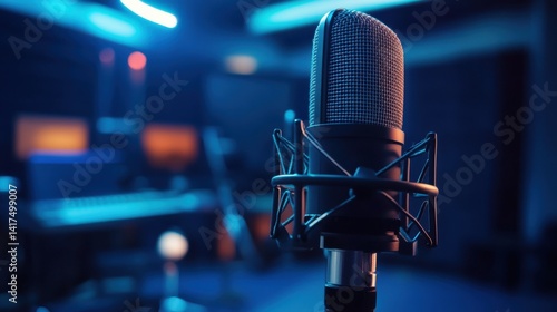 Close-up of a professional studio microphone on a stand in a sound booth during a recording session