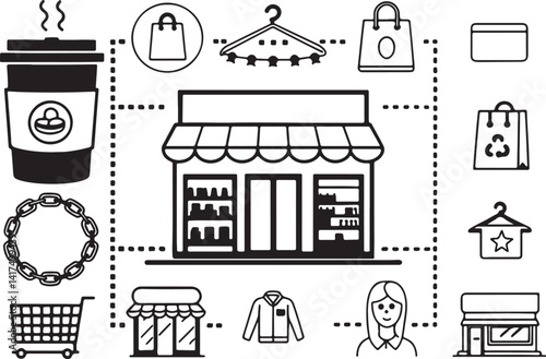 Set of 14 outline icons related to chain store Linear icon collection. Editable stroke line art. Vector illustration.
