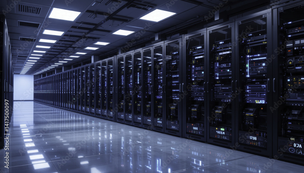 modern data center with rows of server racks and illuminated equipment. polished floor reflects bright overhead lights, creating high tech and organized environment modern data center with rows of server racks and illuminated equipment. polished floor reflects bright overhead lights, creating high tech and organized environment