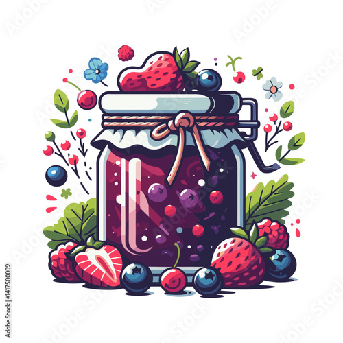 Jar of homemade berry jam with strawberries and blueberries, colorful floral background