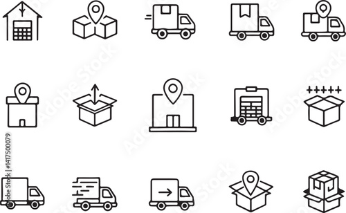 Set of 15 outline icons related to car distribution or location track elements. Linear icon collection. Editable stroke line art. Vector illustration.