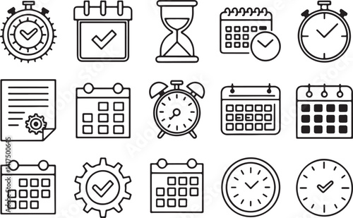 Set of 15 outline icons related to deadline elements of time, clock, alarm and calendar. Linear icon collection. Editable stroke line art. Vector illustration.