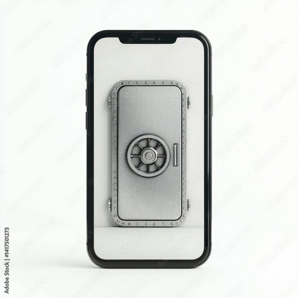 Smartphone Displaying Metallic Safe Door on Light Background Smartphone Displaying Metallic Safe Door on Light Background