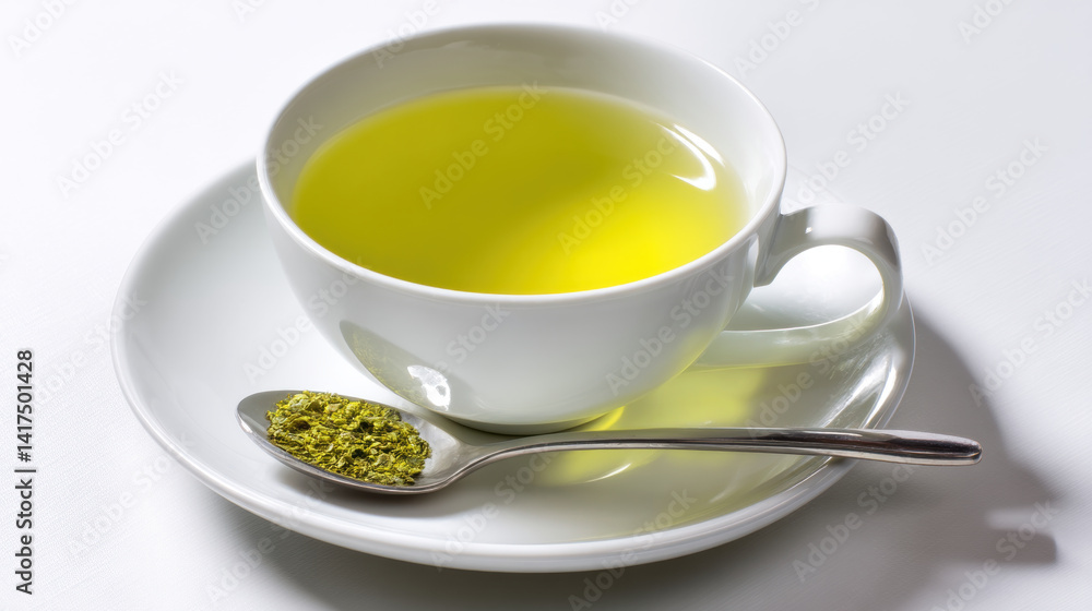 Fresh green tea served in white cup with spoonful of powdered tea beside it, evoking sense of calm and wellness Fresh green tea served in white cup with spoonful of powdered tea beside it, evoking sense of calm and wellness