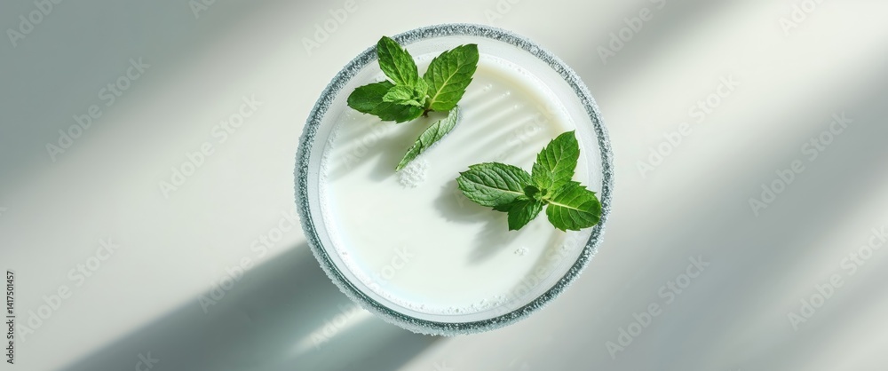 Fresh white milk with green mint in a cold glass. Fresh white milk with green mint in a cold glass.