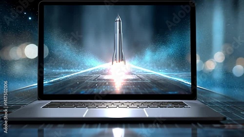 Rocket launching from laptop screen; Futuristic launchpad, city backdrop