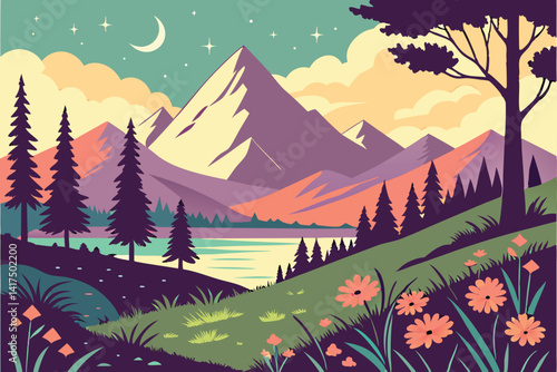 50 Vibrant landscape, Mountain scenery, Sunset over mountains, Colorful wildflowers, Tranquil lake, Pine forest, Starry night sky, Fluffy clouds, Gradient sky colors, Stylized nature illustration, Dig
