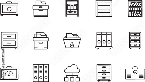 Set of 15 outline icons related to storage elements. Linear icon collection. Editable stroke line art. Vector illustration.