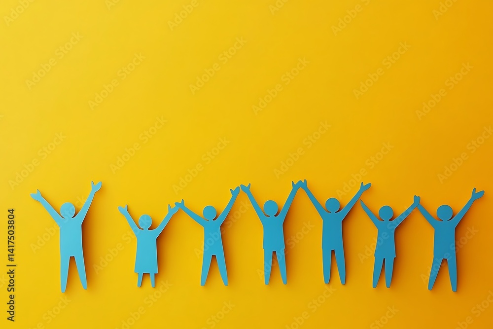 Fototapeta premium Happy Paper People Teamwork Hands Up