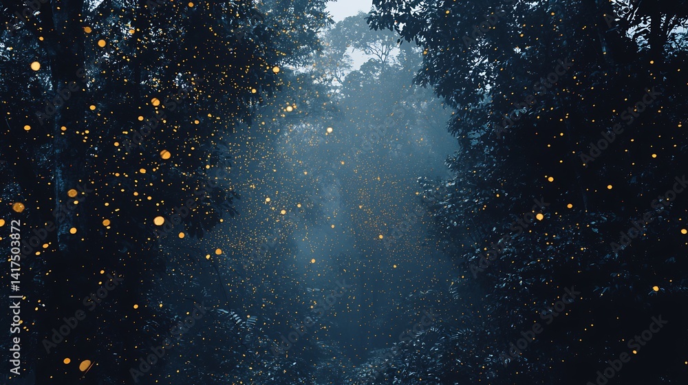 Enchanting Forest Scene: Luminescent Fireflies Dancing Amidst the Trees Enchanting Forest Scene: Luminescent Fireflies Dancing Amidst the Trees
