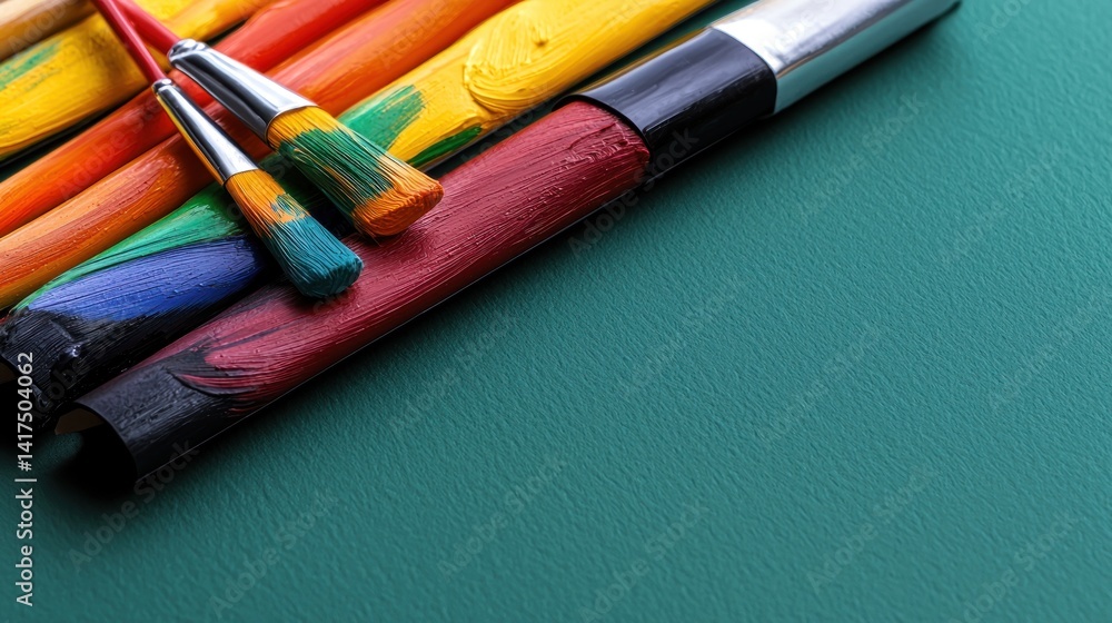Fototapeta premium Colorful art supplies on teal surface