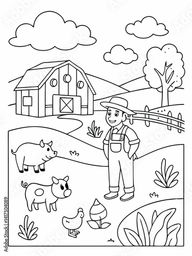 Farm Scene with Barn, Farmer, and Animals in Black and White Line Art for Coloring Book