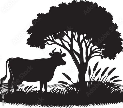 A silhouette of a cow standing in a field of tall grass against a white background illustration
