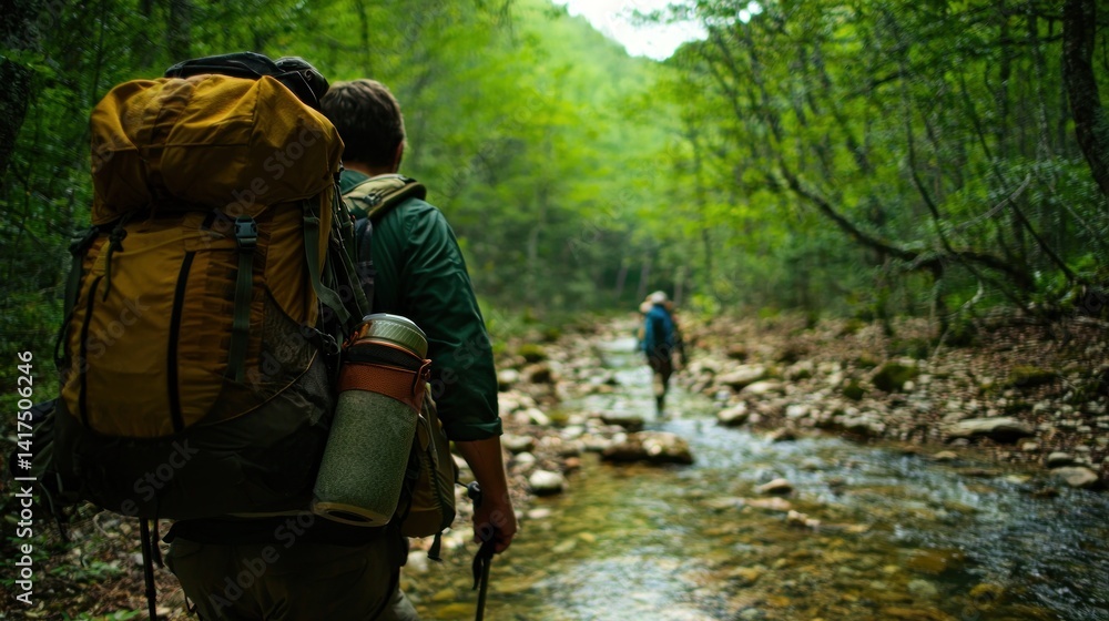Hikers trekking through a mountain stream Hikers trekking through a mountain stream