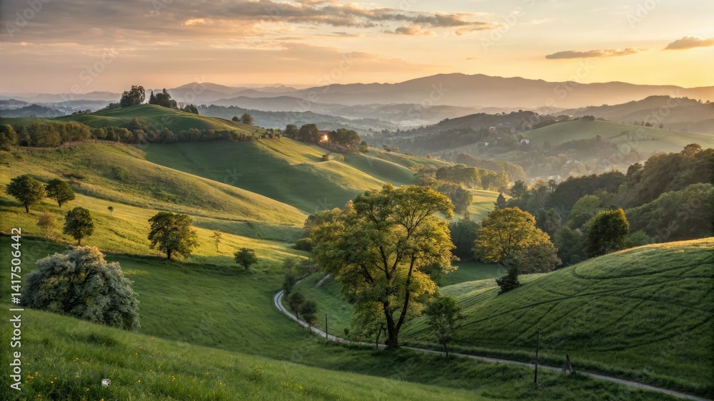 Obraz premium Serene golden hour landscape: rolling hills, lush green trees bathed in the soft glow of low light.
