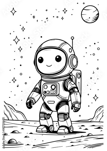 Coloring book page android robot austronaut