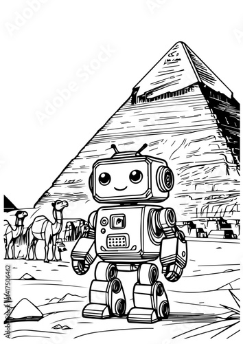 Coloring book page android robot and egyptian pyramid