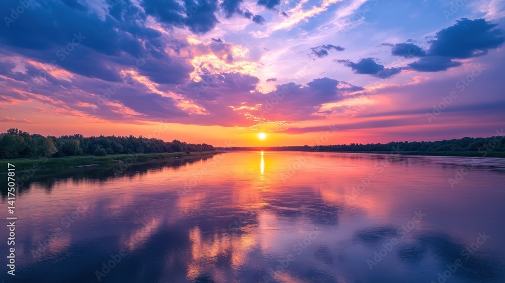 Serene twilight over tranquil waters, vibrant colors reflecting ethereal beauty Serene twilight over tranquil waters, vibrant colors reflecting ethereal beauty