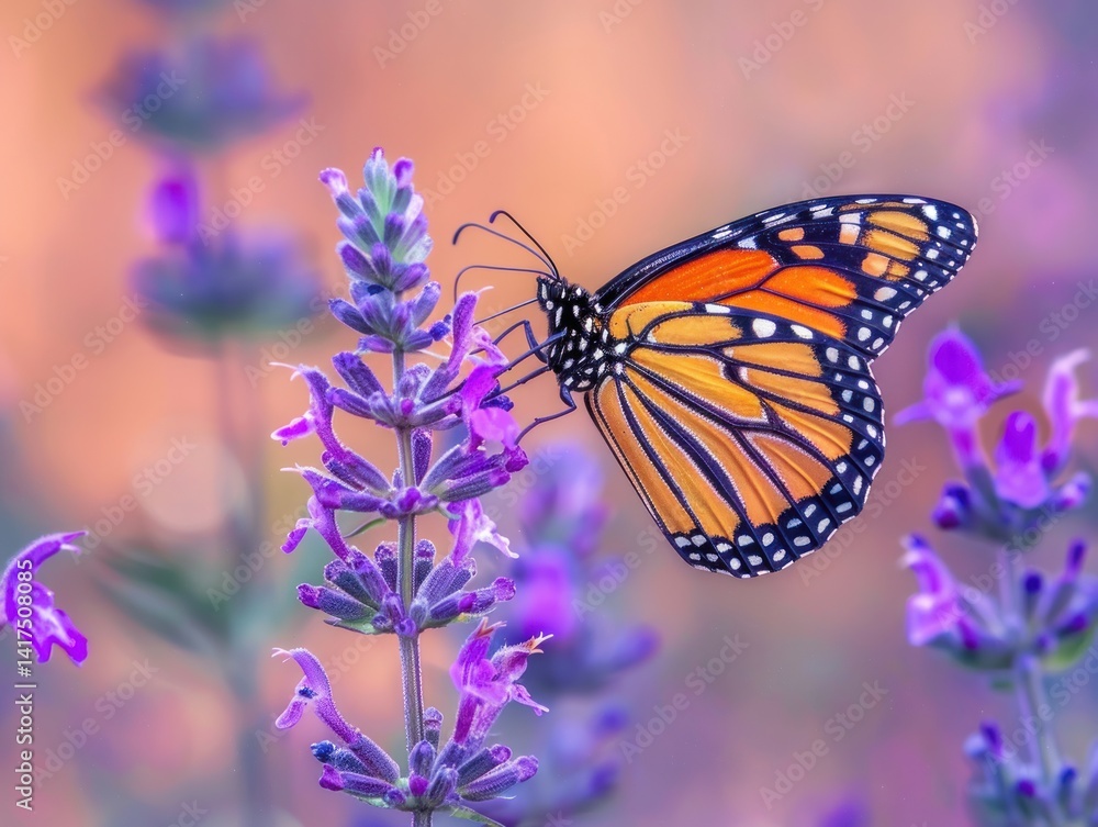 Obraz premium Monarch butterfly perched on a vibrant purple flower, delicate details, contrasting colors