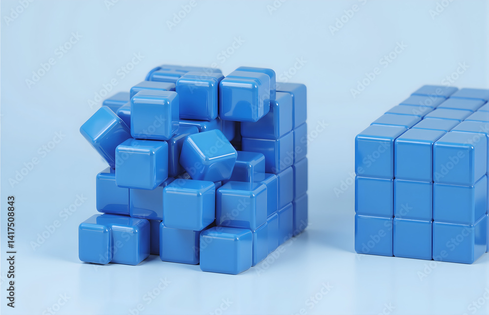 Blue Cubes Arrangement, Abstract 3D Visualization Blue Cubes Arrangement, Abstract 3D Visualization