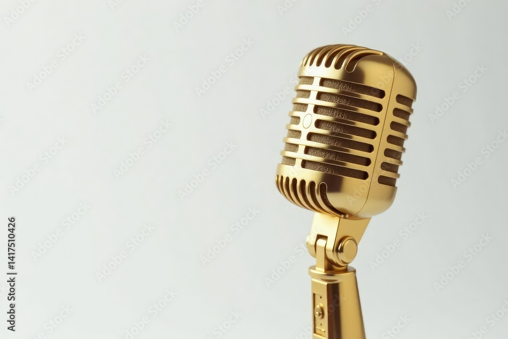Fototapeta premium Close-up shot of a single gold microphone on white background, equipment, recording