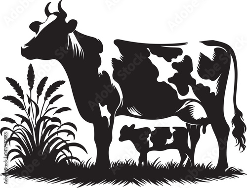 A silhouette of a cow standing in a field of tall grass against a white background illustration