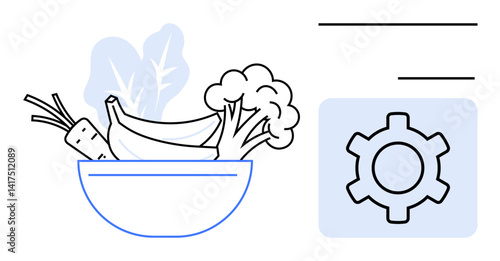 Bowl of fresh produce, including bananas, broccoli, and carrots, next to a gear icon. Ideal for nutrition, balanced diet, meal planning, healthy habits food customization wellness apps simple