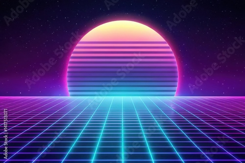 Retro Synthwave Music Background with Neon Grid and Sunset
