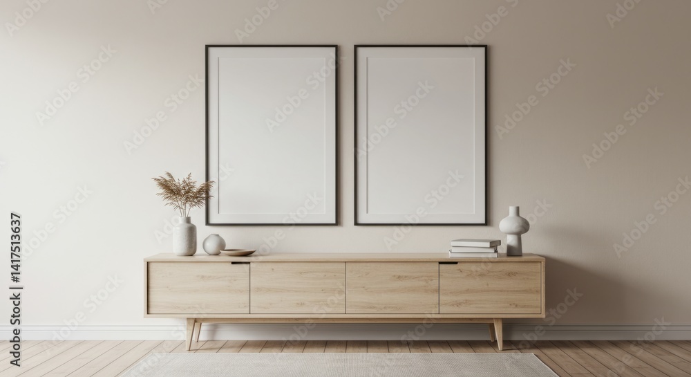 Fototapeta premium Modern Sideboard with Dual Square Frame Mockup