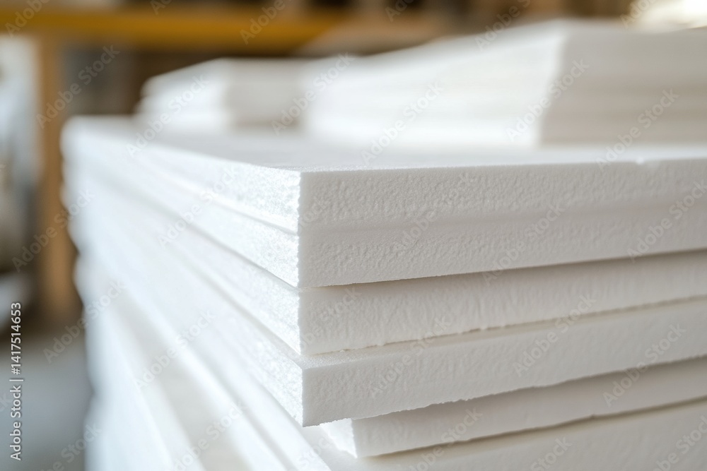 Close-up of white polystyrene foam boards stacked in a construction setting