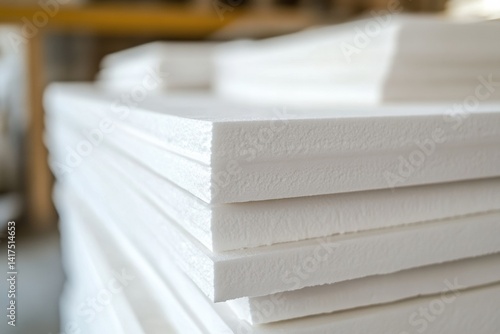 Obraz na płótnie Close-up of white polystyrene foam boards stacked in a construction setting w salonie