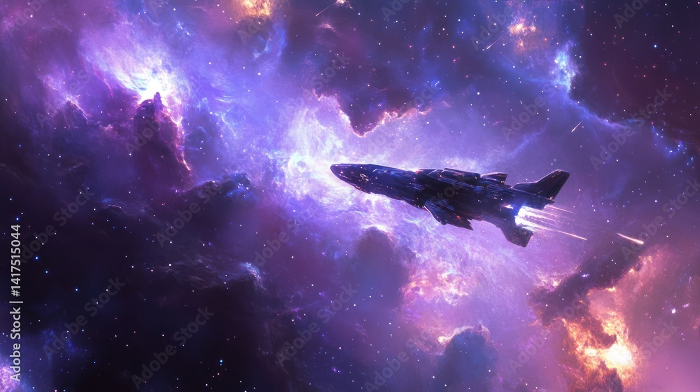Spacecraft soaring through cosmic ethereal nebulae and star clusters in vibrant hues Spacecraft soaring through cosmic ethereal nebulae and star clusters in vibrant hues