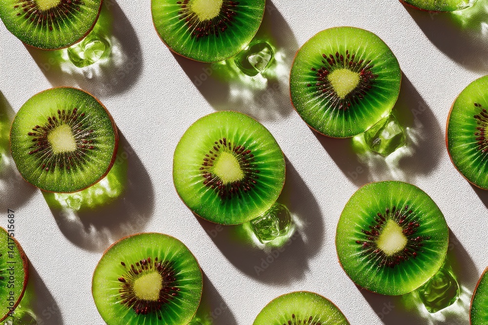 Fototapeta premium Vibrant kiwi fruit slices arranged with ice cubes on a white surface, creating a refreshing and visually appealing pattern, perfect for summer themes.