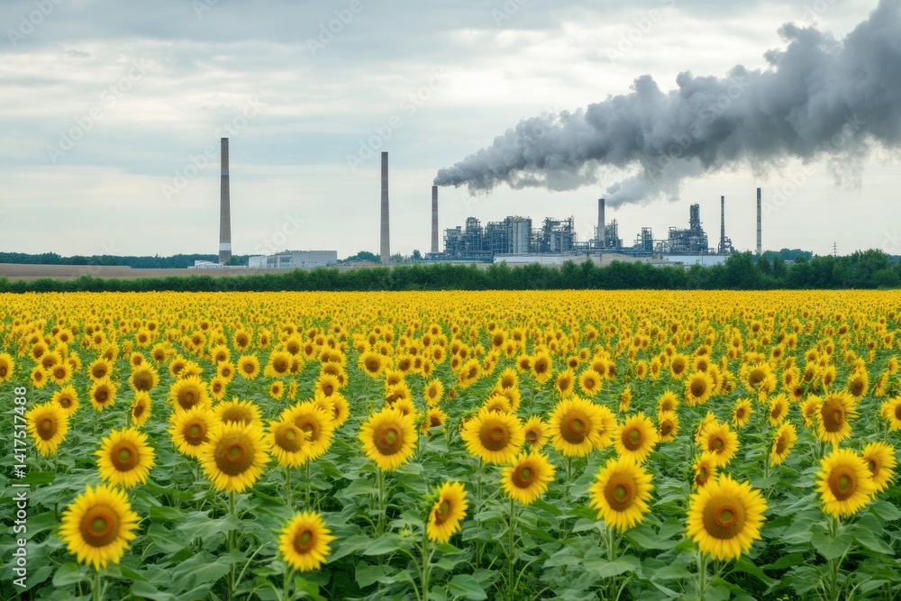 Vibrant sunflower field with industrial factory and smoke in the background
