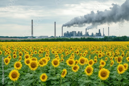 Obraz na płótnie Vibrant sunflower field with industrial factory and smoke in the background w salonie