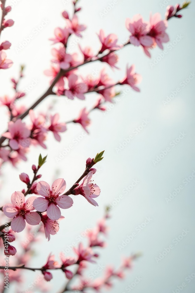 Fototapeta premium Tree branches with flowers or blossoms in a simple white environment, natural, nature