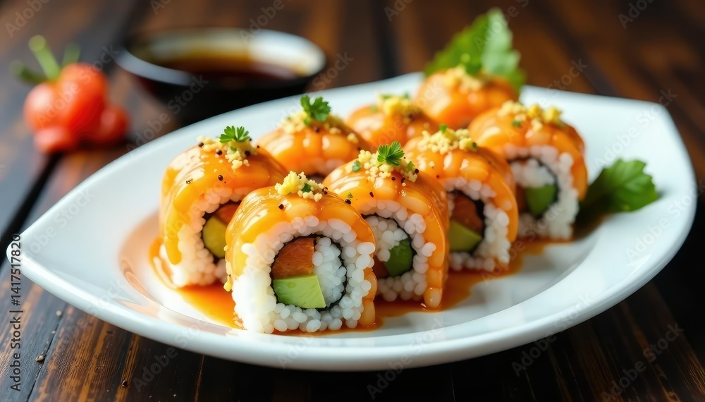 Variety of sushi rolls on white plate, soy sauce, wasabi, sashimi, isolated, soy sauce Variety of sushi rolls on white plate, soy sauce, wasabi, sashimi, isolated, soy sauce