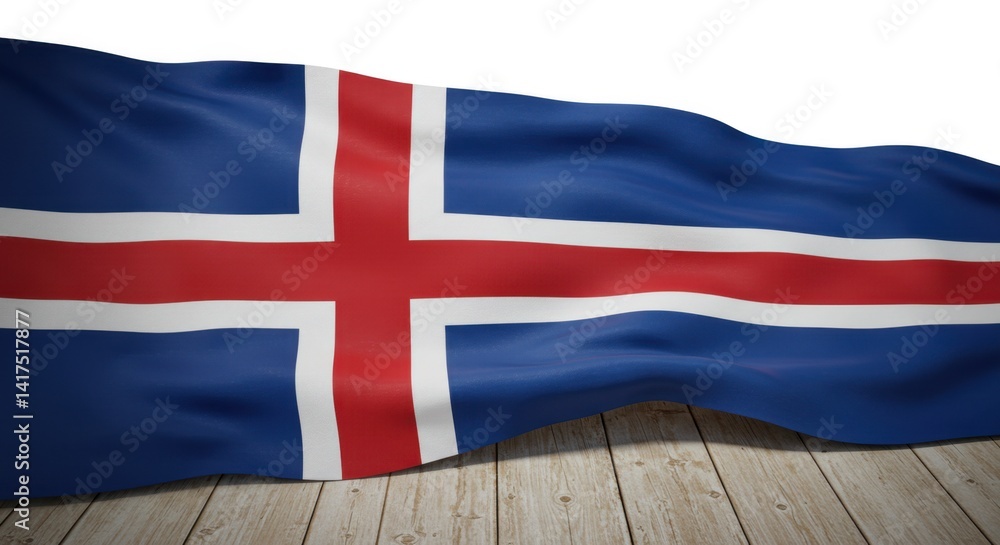 Fototapeta premium Icelandic Flag Waving Gracefully on Wooden Surface A Stunning Display of National Pride