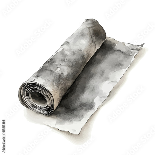 Roll Of Sketching Paper With Charcoal Marks, vector watercolor illustration, isolated on a white background.