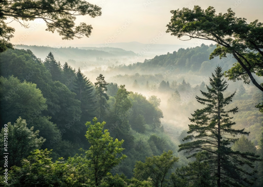Fototapeta premium Serene woodland scene: soft light filters through misty trees, revealing a tranquil path.