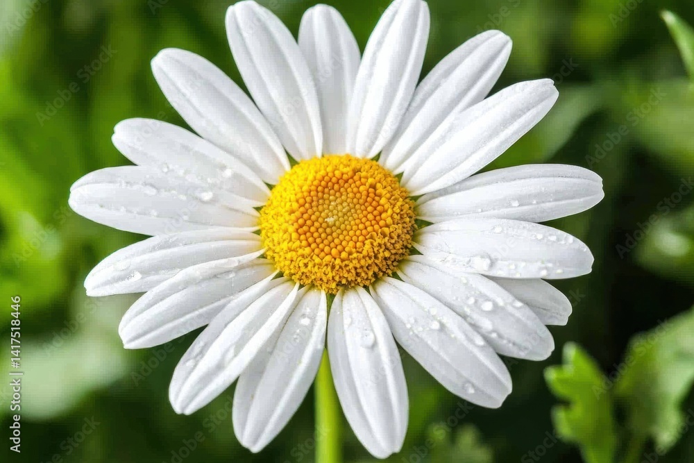 Close-up of a white daisy flower with dew drops in a green garden setting Close-up of a white daisy flower with dew drops in a green garden setting