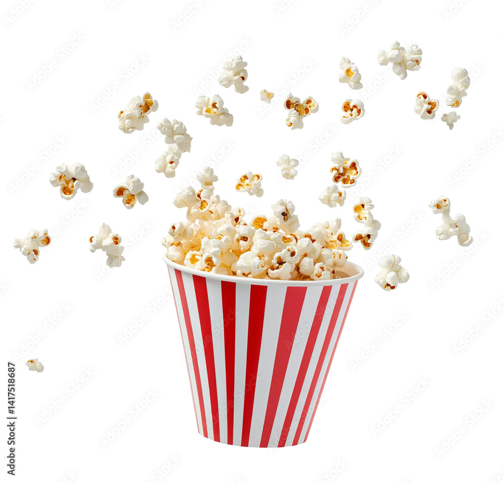 Popcorn in a red and white striped paper cup, flying and isolated on Png Format and Transparent Background Popcorn in a red and white striped paper cup, flying and isolated on Png Format and Transparent Background