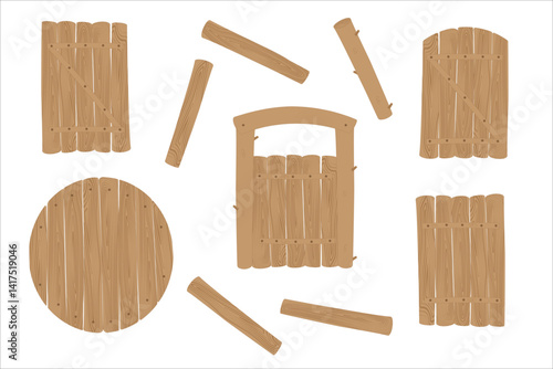 Set of wooden doors of different shapes. Vector illustration drawn in cartoon style, decorated with wooden structure, knots and nails.